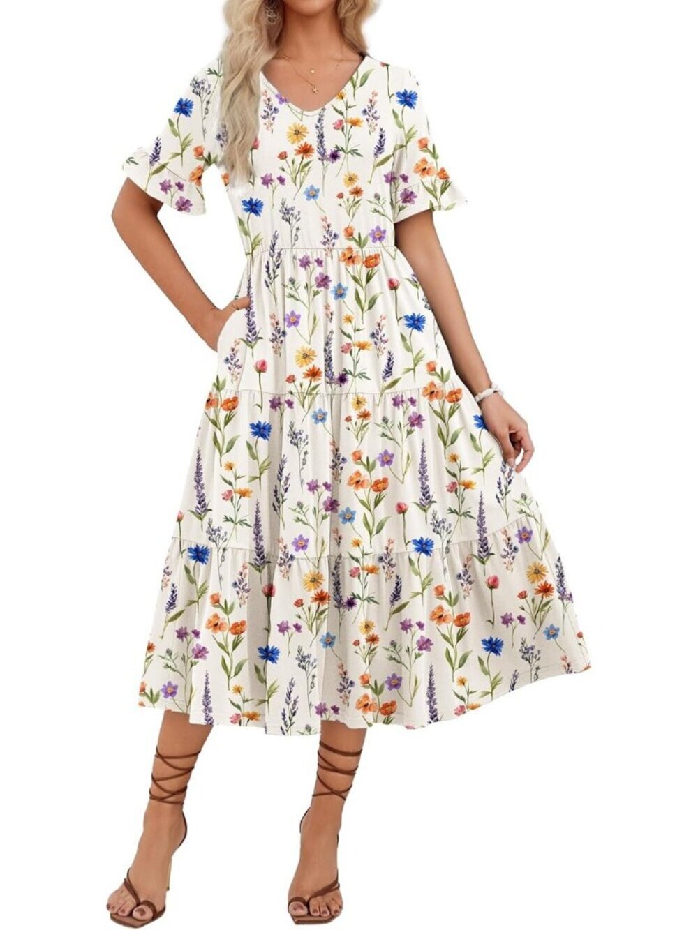 Zeagoo Women's ColorFull Floral Tiered Casual Neck Ruffle Short Midi Maxi Dress